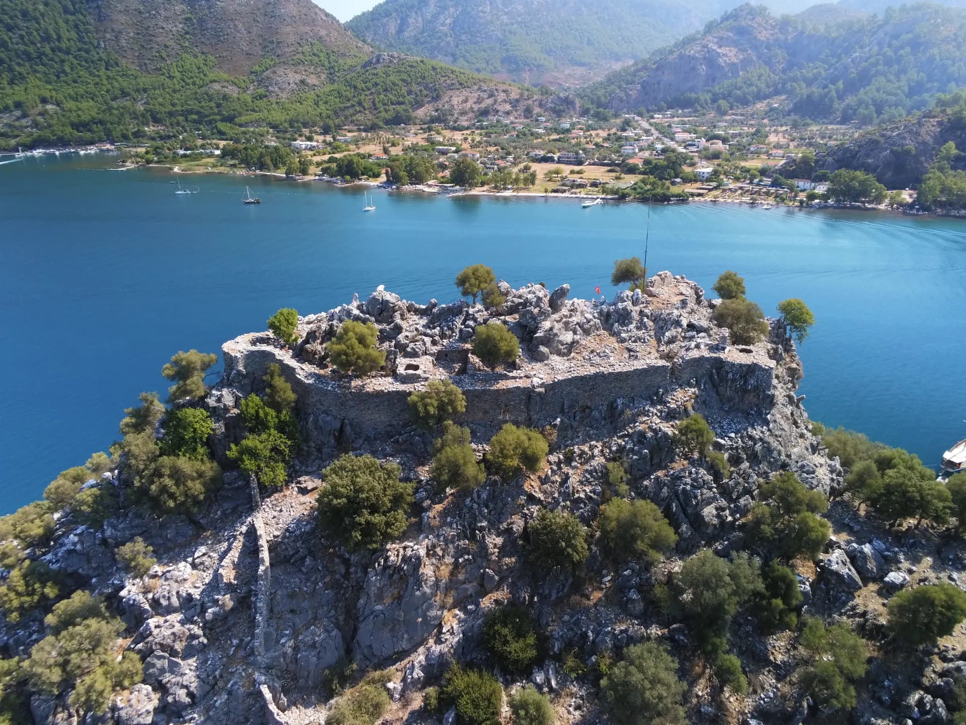 Aerial view of a Byzantine fortress on a hilltop