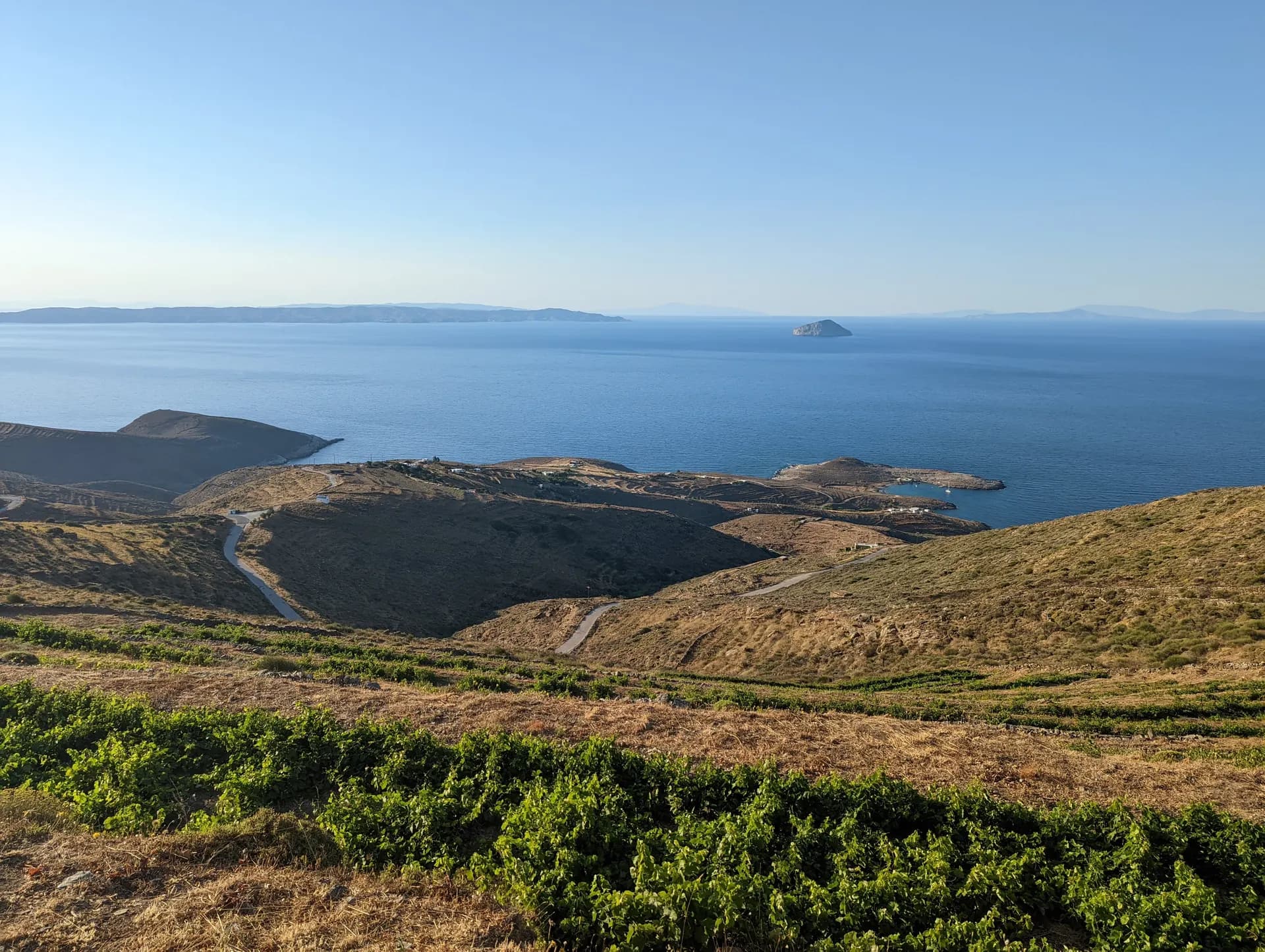 Hikers overlooking vineyards with a sailboat in the bay below